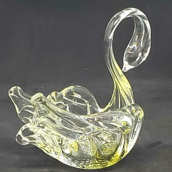 Chalet Glass Vintage Hand Blown Clear Yellow Textured Base Art Glass Swan Dish - Picture 6 of 12